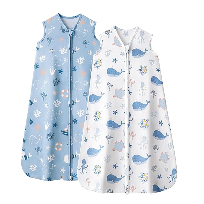FIEMOL Baby Sleep Sack 0-6 Months, 0.5 TOG Wearable Blanket for Baby Boy and Girl, 2-Way Zipper Newborn and Infant Sleeping Bag 2 Pack, Lightweight Sleep Sacks Blue Whale（Small）