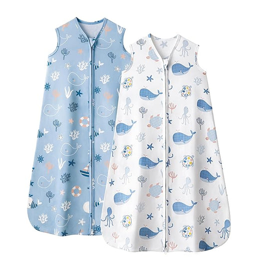 FIEMOL Baby Sleep Sack 0-6 Months, 0.5 TOG Wearable Blanket for Baby Boy and Girl, 2-Way Zipper Newborn and Infant Sleeping Bag 2 Pack, Lightweight Sleep Sacks Blue Whale（Small）