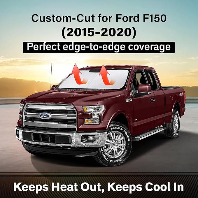 EcoNour Windshield Sun Shade Compatible for Ford F150 2015–2020 | Full-Size Pickup Front Window Sun Visor Protector | Foldable 4-Layer Sunshade | Blocks UV Rays & Keeps Your Truck Cooler