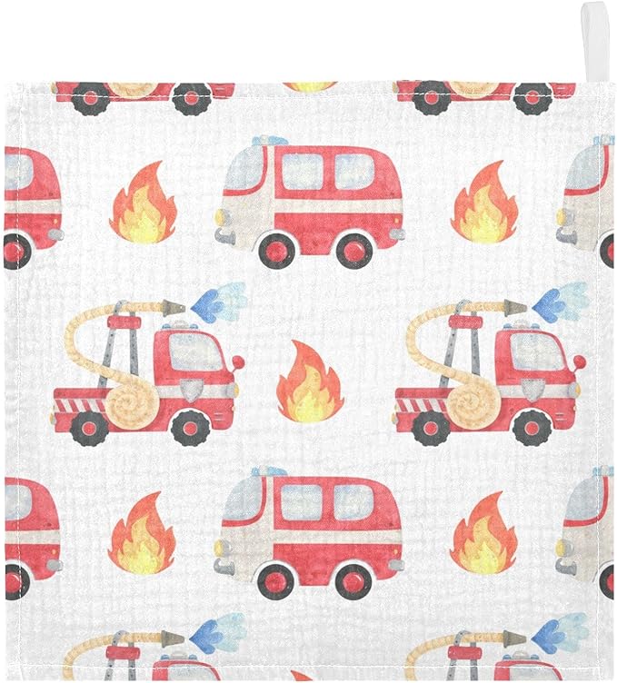 vvfelixl Baby Muslin Washcloths, Fire Department Funny Cars Baby Burp Cloths, Cotton Baby Face Towel for Newborn Infants Boys Girls Soft and Absorbent 11.8 X 11.8 in, 3 Pack
