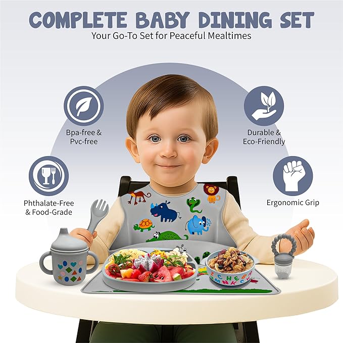 Tots and Thoughts 16-Piece Silicone Baby Feeding Set – Educational – Baby Led Weaning Supplies – BPA-Free – Placemat, Suction Plate, Bowl, Bib, Sippy Cup, Spoons, Forks – Microwave/Dishwasher Safe