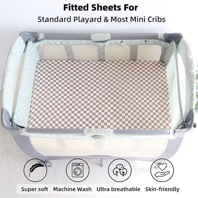 LifeTree Crib Sheets for Baby Unisex - Muslin Fitted Crib Sheets Toddler Bed Sheet, 70% Viscose from Bamboo and 30% Cotton, Coffee Checkered, 26in x 38in