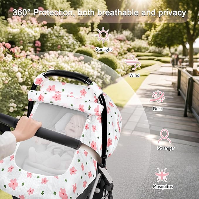 Hooyax Muslin Car Seat Cover Baby - Breathable and Privacy Car Seat Canopy with 3 Modes - Easy Install & Gift Box Packaging, Universal Fit for Infant Car Seats, Pink Flower