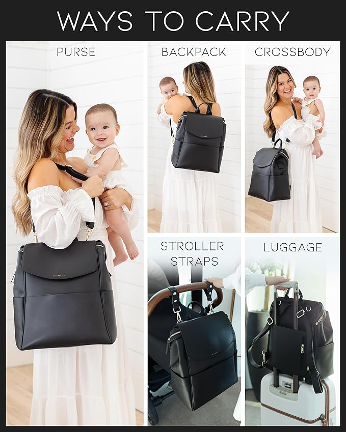 MIA + SOPHIA Leather Diaper Bag Backpack with USB Charging port, Changing Pad, Stroller Straps (Black Olivia)