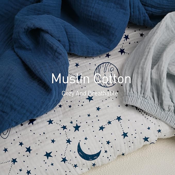 Gllquen Baby Muslin Bassinet Sheets 3 Pack, Breathable Elastic Cozy Fitted Cotton Bassinet Mattress Sheet for Baby Boy Girls, Fit for Hourglass Oval Rectangular Cradle Pad Sheets 33"x17" (Blue)