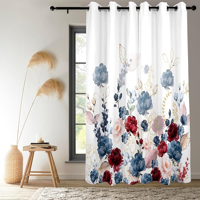Renaiss Floral Blackout Curtains Watercolor Gray Blue and Red Peony Flower Bloossom Thermal Insulated Window Drapes for Bedroom 53W x 108L inches 2 Panel Set Window Curtains for Living Room
