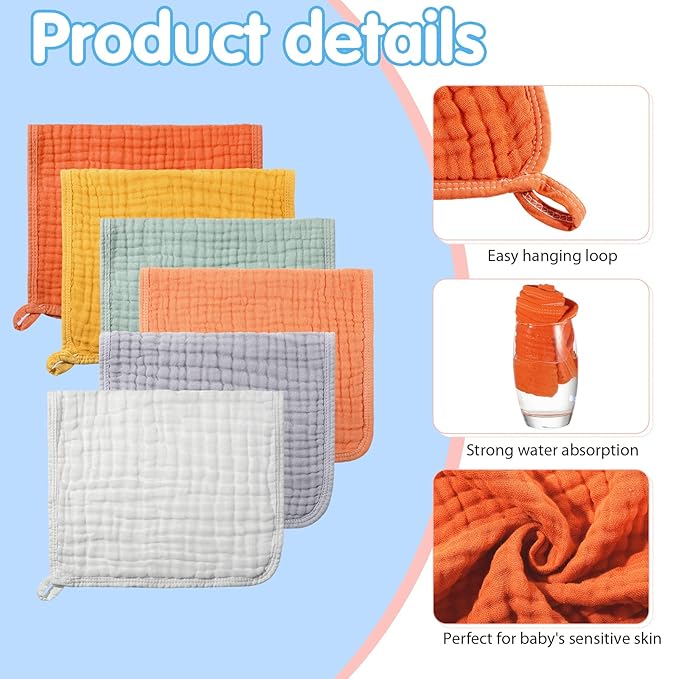 Hicarer 6 Count Muslin Burp Cloths Cotton Baby Burping Rags Large 20 x 10 Inch 6 Layers Spit up Rags Soft Absorbent Multicolor Wash Cloths Diapers for Newborn Baby Girl Boy(Warm Color Series)