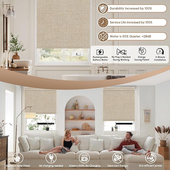 Kincmo No Drill Motorized Blinds with Remote, 100% Blackout Roller Shades for Windows, Custom Electric Blinds Compatible with Alexa, Apple Homekit, Google Home (100% Blackout Linen Caramel)