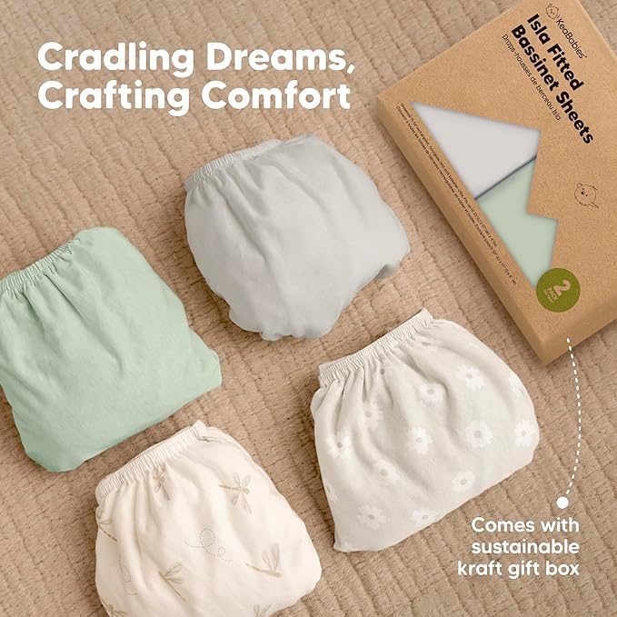 2-Pack Baby Bassinet Sheets Girl, Boy - 33x17 Viscose Derived from Bamboo Bedside Mattress Fitted Bassinet Sheets, Compatible with Halo Bassinest Swivel Sleeper, Baby Delight, Graco (Sage)