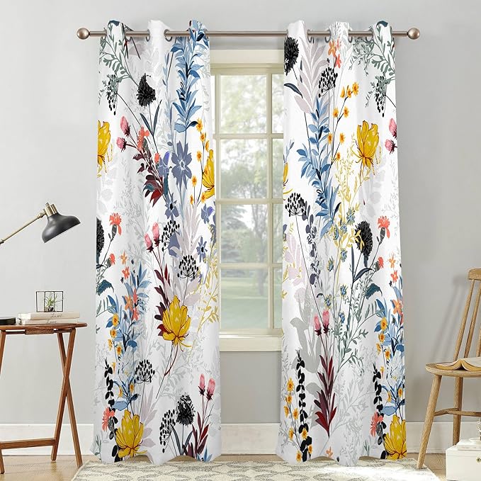 Renaiss Botanical Plants Blackout Curtains, Wild Flowers Plants Print Thermal Insulated Bedroom Window Curtains, Boho Floral Window Drapes for Living Room, 63" L x 42" W 2 Panel Set