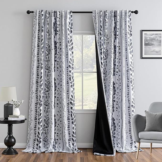 MEETSKY Boho Blackout Leaves Patterned Curtains 95 Inch Long 2 Panels Set for Bedroom, Room Darkening Dark Grey Drapes for Living Room, Thermal Insulated Rod Pocket Back Tab Window Treatment, 50"Wide