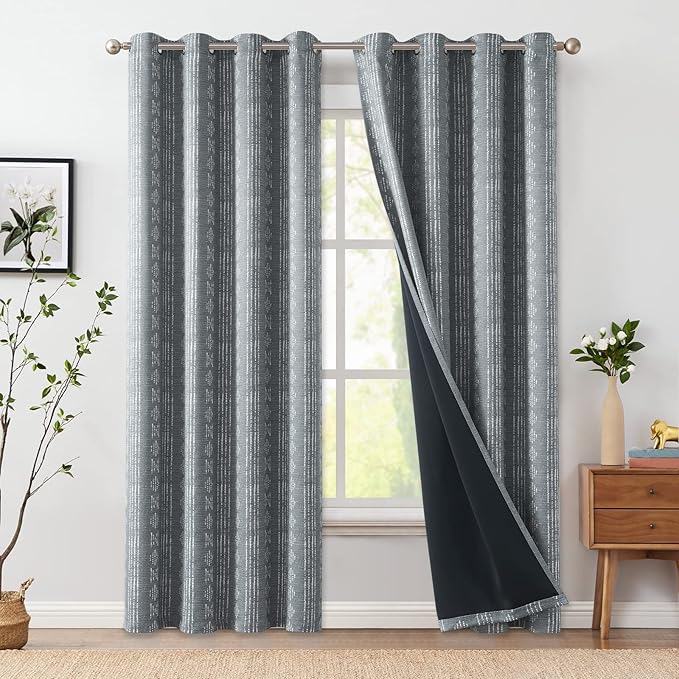 jinchan 95% Blackout Boho Curtains 96 Inch Length for Bedroom White on Grey Geometric Printed Grommet Top Room Darkening Thermal Insulated Window Drapes 2 Panels