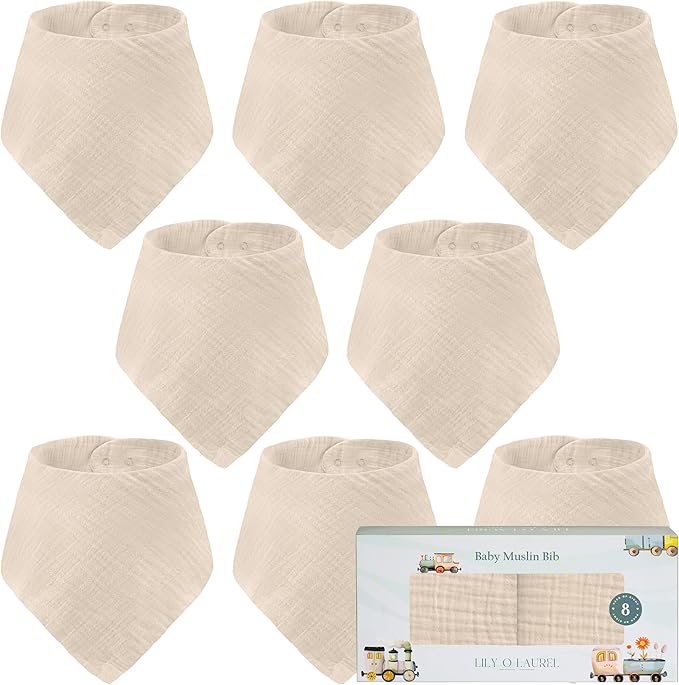 LILY O LAUREL Muslin Baby bibs for drooling and teething, 100% cotton, Bibs for baby girl, Muslin bibs for boys (8 Pack)