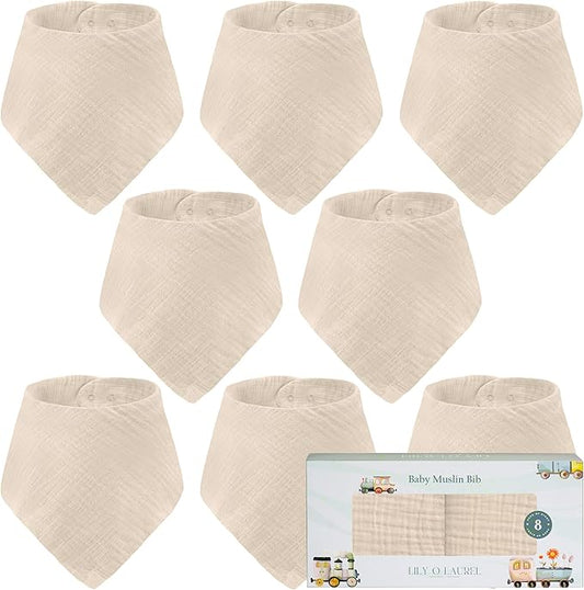 LILY O LAUREL Muslin Baby bibs for drooling and teething, 100% cotton, Bibs for baby girl, Muslin bibs for boys (8 Pack)