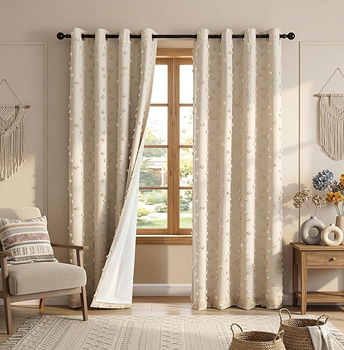 MYSKY HOME Boho Blackout Curtains for Living Room 84 Inches Long Total Room Darkening Beige Curtain for Bedroom 2 Panels Rustic Bohemian Thermal Insulated Grommet Window Drapes 52W x 84L