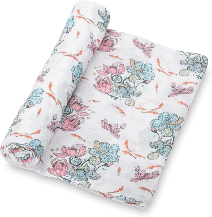 LollyBanks Baby Blanket, 100% Cotton Muslin Swaddle for Baby Girls, Soft and Breathable 47 x 47 Inches Receiving Blanket, Lightweight Newborn Swaddle, Newborn Essentials Must Haves (Lotus Print)