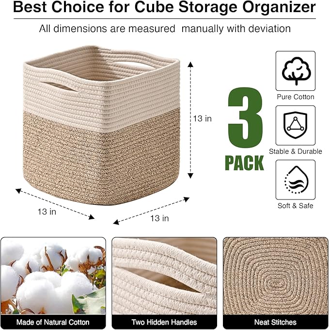 13 Inch Cube Closet Storage Bins, Woven Cotton Rope Organizer Baskets for Organizing & Shelves, Books, Towels, Clothes, Toys, 13x13x13 in, Off White & Brown (Pack of 3)