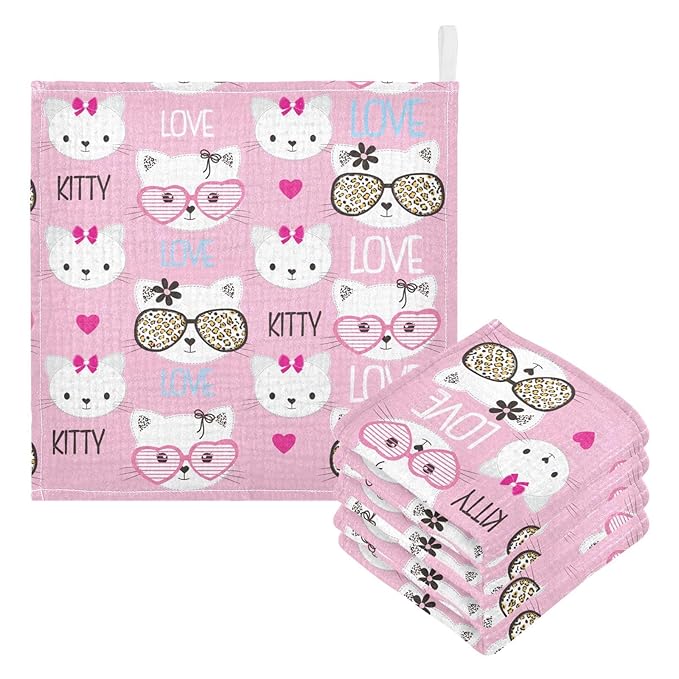 vvfelixl Childish Cats Pattern Baby Burp Cloths Baby Muslin Washcloths for Boys Girl Cotton Baby Face Towel for Newborn Infants Soft and Absorbent 11.8 X 11.8 in, 5 Pack