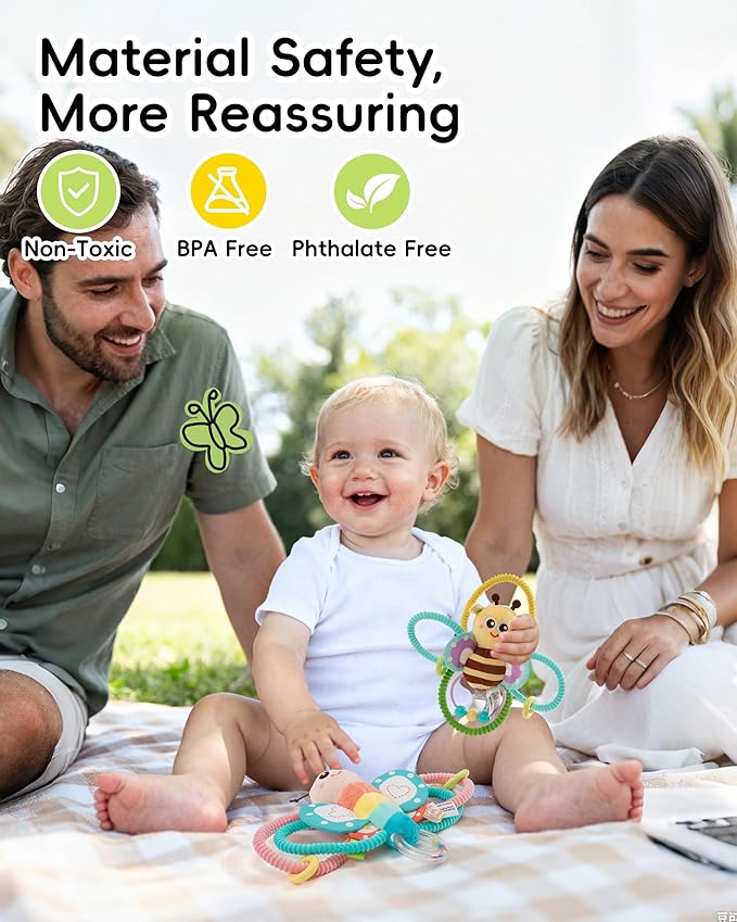 Jollybaby Soft Baby Rattles & Plush Rings Toy for Newborn 0-3-6-12 Months, Sensory Developmental Hand Teether Toys for Infant 0-2-4-7-8-9 Months, Baby Shower & Birthday Gifts - Bee