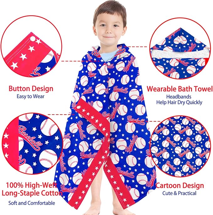 Hooded Beach Towel for Kids 3-10 Years - Soft Thick Cotton Baseball Toddler Hood Bath Towels/Pool Terry Towel Poncho Wrap Absorbent Cute Bath & Swim Wrap for Boys & Girls Beach Essentials -Blue
