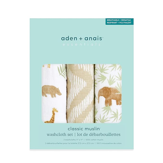 aden + anais Essentials Washcloth 3-Pack, Super Soft 100% Cotton Muslin, Gentle on Skin, 3 Absorbent 11x11 Layers, Softer with Every Use, Perfect for Babies, Infants, Toddlers, Tanzania