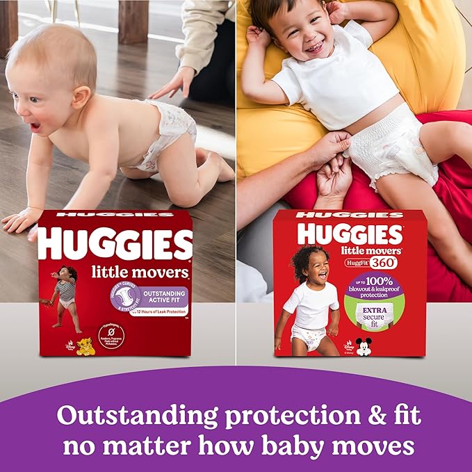 Huggies Size 4 Baby Diapers, Little Movers HuggFit 360° Baby Diapers with 360° Waistband, Size 4 (22-37 lbs), 64 Count, Packaging May Vary