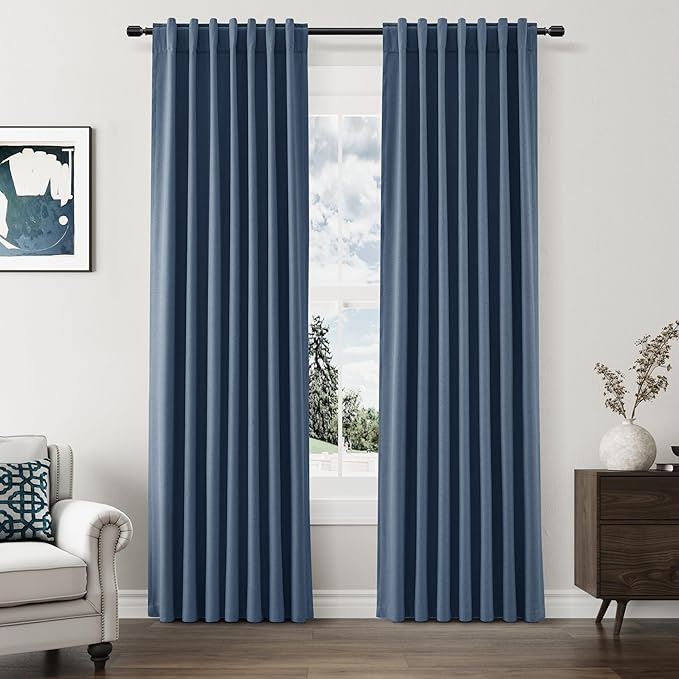 Guken 100% Blackout Curtains 84 Inch Length 2 Panels Set for Living Room Bedroom Back Tab Thermal Insulated Black Out Linen Drapes Room Darkening Window Curtains 84 Inches Long,Denim Blue