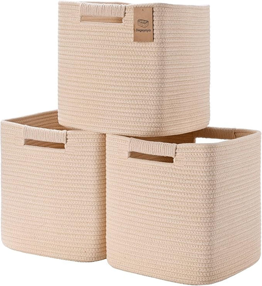 11 Inch Storage Cubes, 3 Pack Cube Storage Bins for Organizing, Cotton Rope Woven Baskets for Shelves, Bathroom, Kids Room, Closets, Baby Nursery