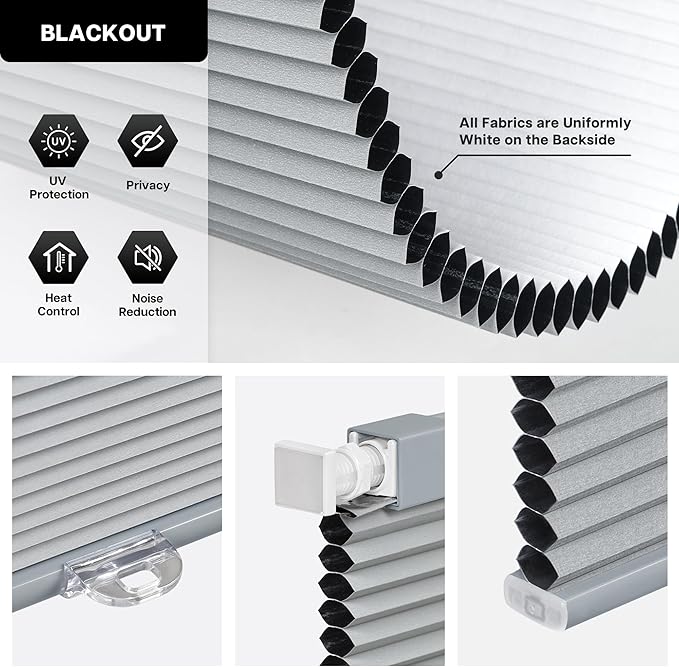 LazBlinds Cordless Cellular Shades, No Tools No Drill Blackout Honeycomb Shades Pleated Blinds for Windows, 33 1/2" W x 64" H, Dark Grey