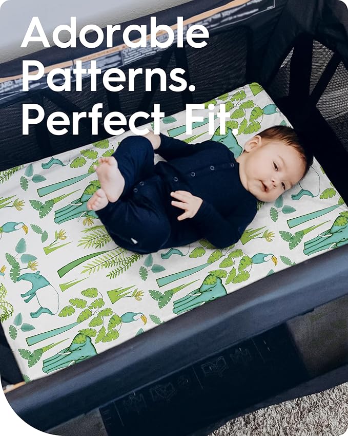 TotBasic Mini Crib Sheets Boy Girl, Ultra Soft Pack N Play Sheets Fitted, Neutral Pack and Play Mattress Sheets, Premium Jersey Knit Portable Crib Sheets, Secure and Cute, Elephant & Cartoon Safari