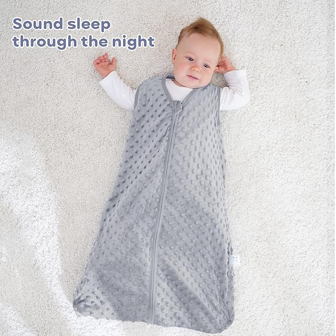 FIEMOL Fleece Baby Sleep Sack 6-12 Months, 1.5 TOG Cotton Baby Wearable Blanket With Soft Plush Dots, 2 Pack Newborn and Infant Warm Sleeping Sack with 2-Way Zipper Blue&Grey