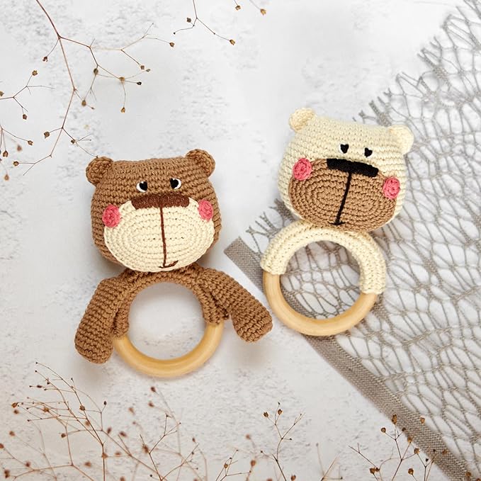 DICHA Wood Baby Rattle-Crochet Baby Rattle- Infant Rattle Sensory Development Wooden Toys Set-Includes Beech Wooden Teething Ring-Bear