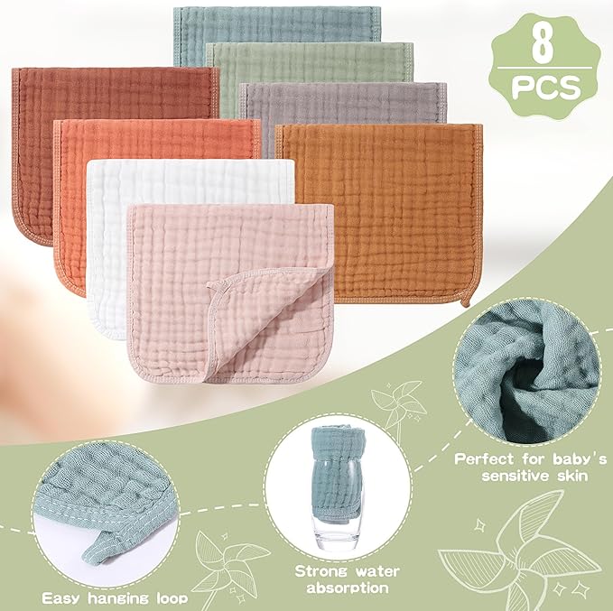 8 Packs Muslin Burp Cloths Large 20" x 10", 6 Layers Unisex Baby Absorbent 100% Cotton Burp Rags Colorful Muslin Washcloths for Baby Plain Soft Cotton Cloth for Babies Girls Boys(Classic Colors)