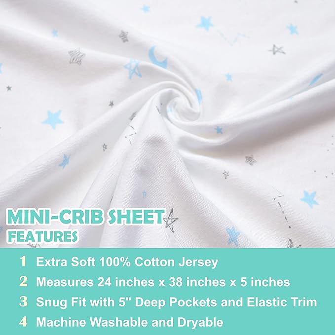 American Baby Company 2 Pack 100% Natural Cotton Fitted Mini Crib Sheets 38" x 24" - Soft & Breathable Small Nesting Portable Sheets, Fits Pack N Play Mattresses, Blue Star/Zigzag, for Boys & Girls