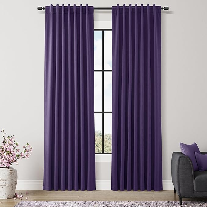 Guken 100% Blackout Curtains 84 Inch Length 2 Panels Set for Living Room Bedroom Back Tab Thermal Insulated Black Out Linen Drapes Room Darkening New Purple,52x84