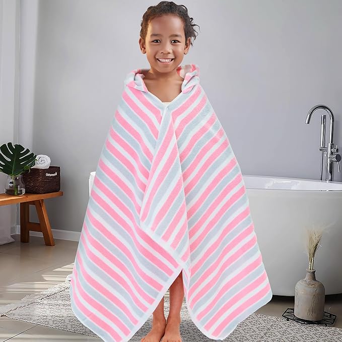 VOOVA & MOVAS Hooded Towels for Kids - 100% Cotton (3-10Years) - Quick Dry Absorbent Lightweight Wrap Towel for Pool | Swim | Beach | Bath, Girls, Pink Gray Stripe