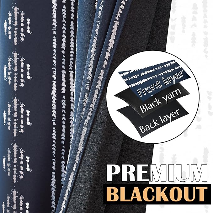 jinchan 95% Blackout Boho Curtains 96 Inches Long for Bedroom Living Room Silver Geometric Foil Printed Blue Curtain Grommet Top Room Darkening Drapes 52 x 96 2 Panels