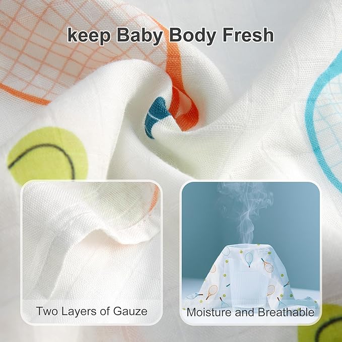 70% Rayon Made from Bamboo 30% Cotton Muslin Swaddle Blanket, 47 x 47 Inches, Tennis Print Baby Receiving Blanket, Soft and Breathable, Unisex, 2 Pack