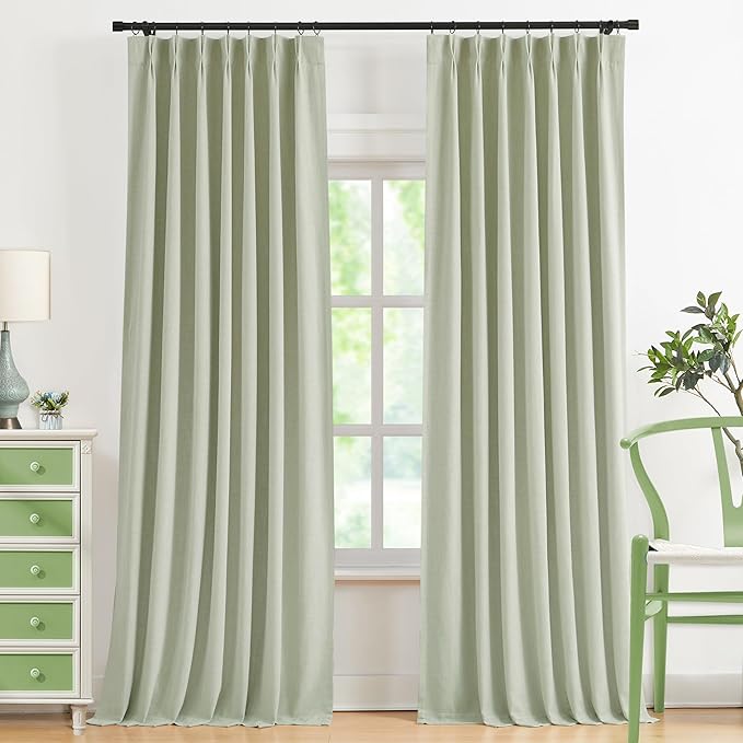 WEST LAKE Pinch Pleated Full Blackout Curtain Panels 108 Inches Long,Soft Green Linen Blended Drapes for Bedroom Living Room,Contemporary Window Treatment,Back Tabs Hooks,40" Wx108 L(Pack of 2)