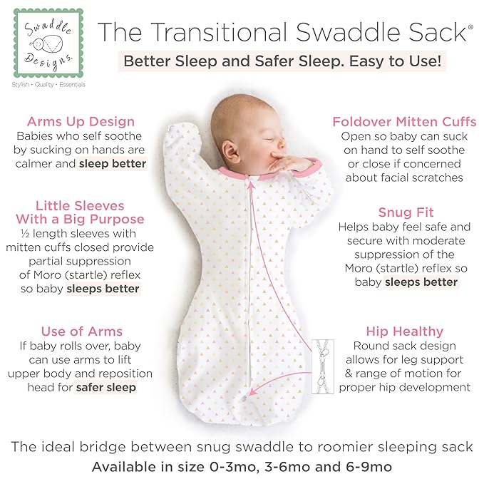 SwaddleDesigns Transitional Swaddle Sack, Arms Up Half-Length Sleeves & Mitten Cuffs, Swaddle for Newborn Transition to Baby Sleep Sack Wearable Blanket, Small, 0-3 mo, 6-14 lb, Pink Tiny Triangles