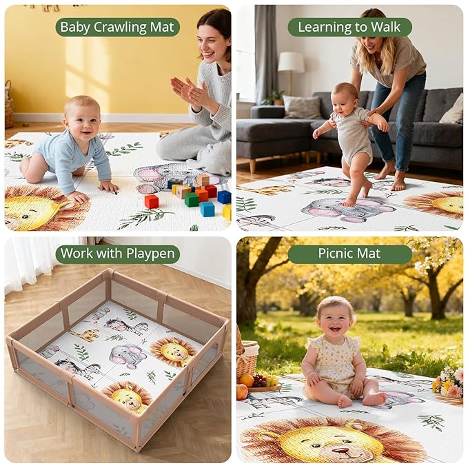 59x59 Foldable Foam Baby Play Mat for Floor, Babies Activity Tummy Time Playmat, Kids Non Toxic Foam Thick Play Mat for Baby, Toddlers, Waterproof & Anti-Slip Crawling Mats,Lion,59x59x0.4