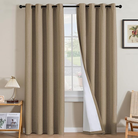H.VERSAILTEX Linen Curtains 100% Blackout Curtains for Bedroom 108 inch Long Full Light Blocking Nature Linen Blended Window Curtains for Living Room Nickel Grommet (2 Panels, Heathered Macchiato)