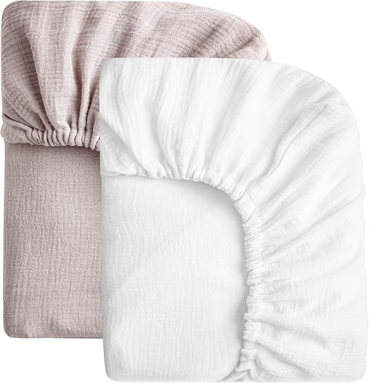 SOULFUL Muslin Crib Sheets for Boys Girls, 2 Pack Soft and Breathable Cotton Fitted Crib Sheets for Standard Crib Mattress (28"x 52", White & Mist Pink)