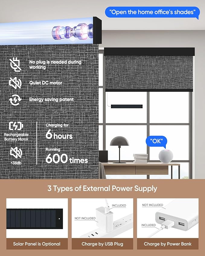Kincmo Motorized Blinds with Remote,100% Blackout Motorized Roller Shades Work with Apple Homekit,Alexa,Google, Custom Electric Blinds with App,Voice Control (Classic Dark Grey)
