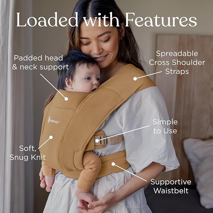 Ergobaby Embrace Baby Carrier Newborn to Toddler - Lightweight Ergonomic Baby Carriers - Cozy Essentials (7-25 Pounds), Ponte Knit, Camel