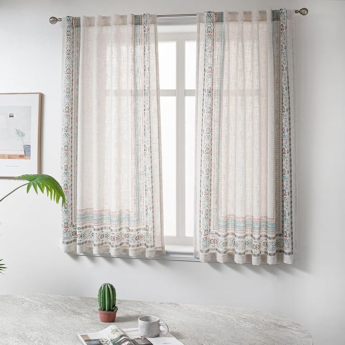 MYSKY HOME Linen Sheer Curtains 63 Inch Length for Bedroom Boho Farmhouse Curtains Decorative Window Treatment Draperies Back Tab for Kitchen/Nursery/Bathroom, 50" Wide, Teal, 2 Panels