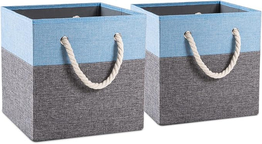 PRANDOM Large Foldable Cube Storage Bins 11x11 inch [2-Pack] Fabric Linen Storage Baskets Cubes Drawer with Cotton Handles Organizer for Shelves Nursery Closet Bedroom Blue