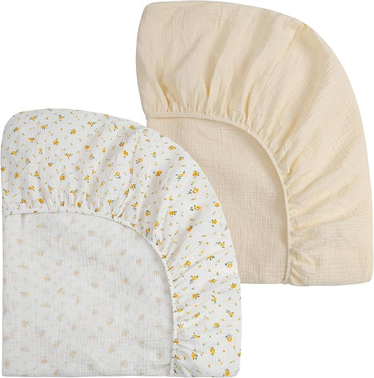 Onacosht Muslin Mini Crib Sheets, 39" x 27" Pack and Play Mattress Sheets Fitted for Pack N Play, Soft Cotton for Boys Girls, 2 Pack, Beige and Yellow Floral
