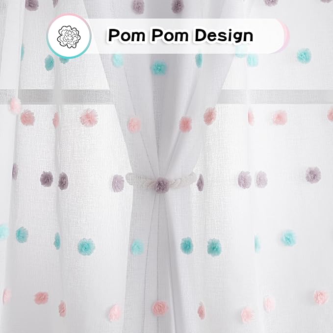 MYSKY HOME Kids Curtains with Rainbow Pom Pom Sheer for Kid Bedroom 84 Inches Long Nursery Curtains Girls Light Filtering Double Layer Window Drapes Grommet,White, 52 x 84 Inch, 2 Pieces