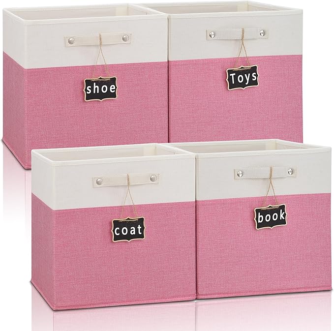 Foldable Fabric Storage Cubes, 11x11x11, 4 Pack with Labels, Linen Kallax Storage Organizer Bins (White, Pink)